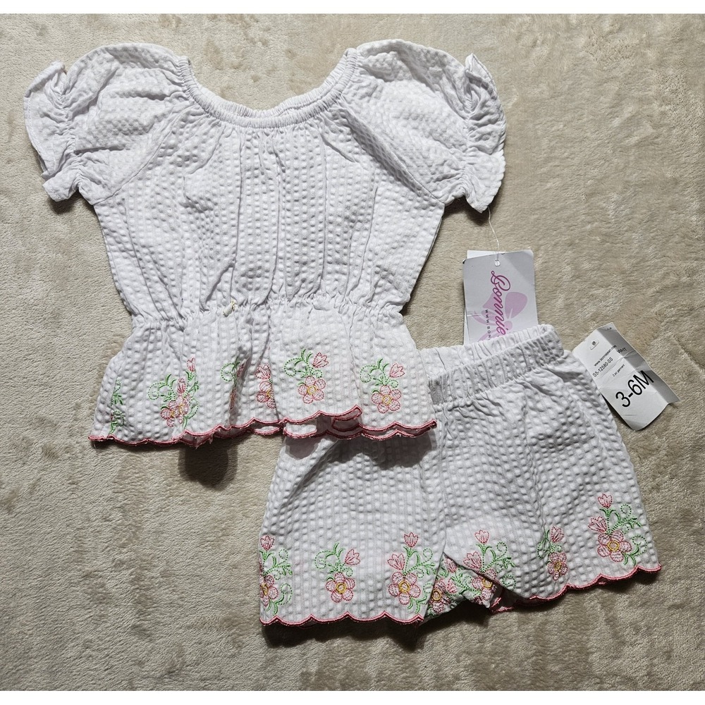 Bonnie Jean Baby Girl 2pc Outfit White Floral Seersucker Top Shorts 3–6M NWT